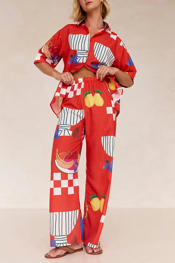 Unique Printed Casual Shirt and Elastic Waist Pants Set-consonak