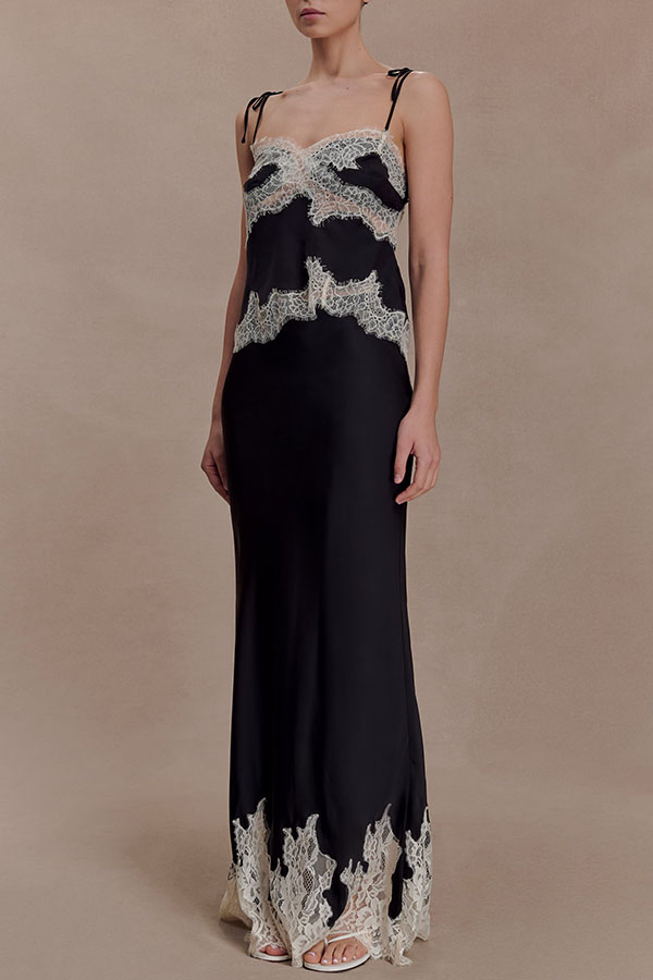 Nina Satin Lace Detail Mid Rise Flare Drape Maxi Skirt-consonak