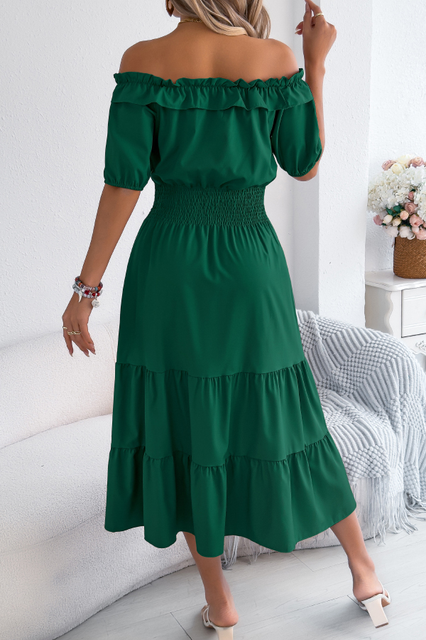 Stylish Off-shoulder Short-sleeved Pleated Waist Casual Midi Dress-consonak