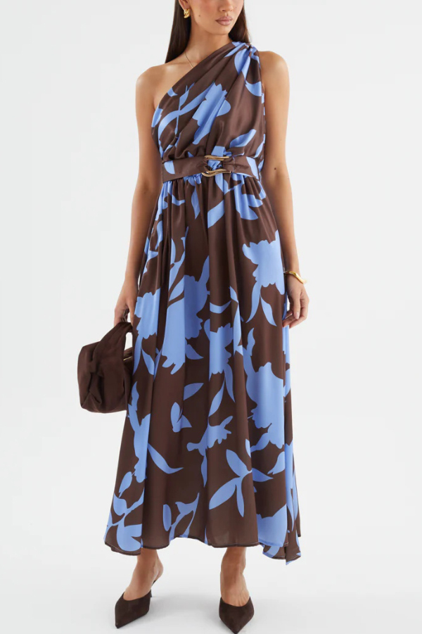 Unique Printed One-Shoulder Belt Casual Holiday Maxi Dress