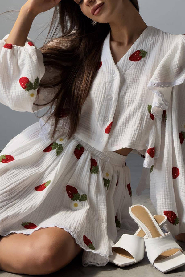 Ranier Cotton Linen Blend Strawberry Print Ruffle Blouse and Elastic Waist Mini Skirt Set-consonak