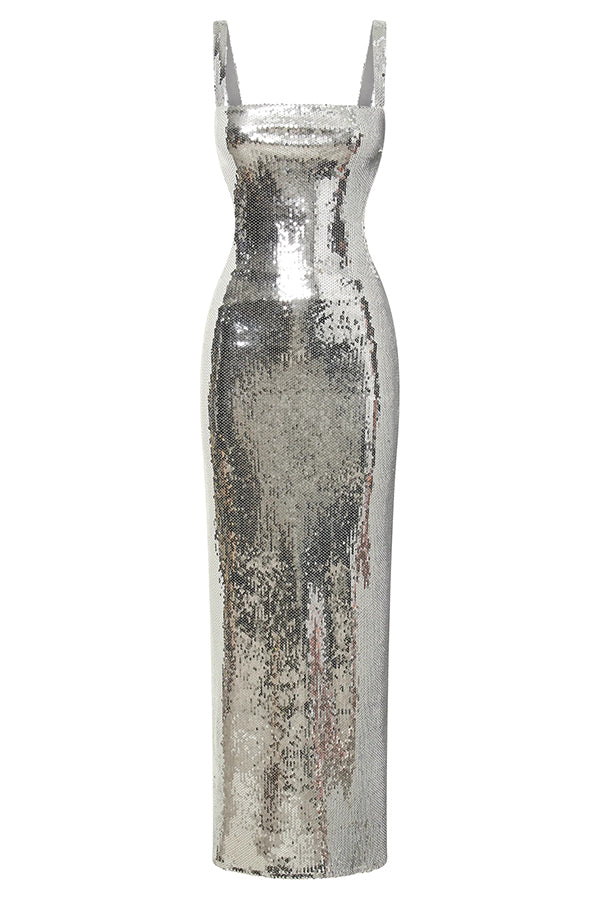 Eye Catching Sequin Cutout Waist Wide Strap Bacakless Maxi Dress | Consonak