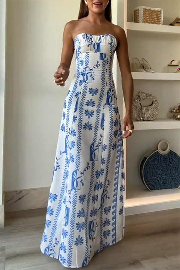 Freya Linen Blend Floral Wave Print Ruched Bust Strapless Maxi Dress-consonak