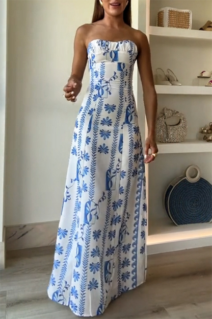 Freya Linen Blend Floral Wave Print Ruched Bust Strapless Maxi Dress-consonak