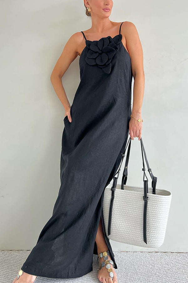 Vacay Ready Linen Blend Floral Embellishment Pocketed Slit Maxi Dress-consonak