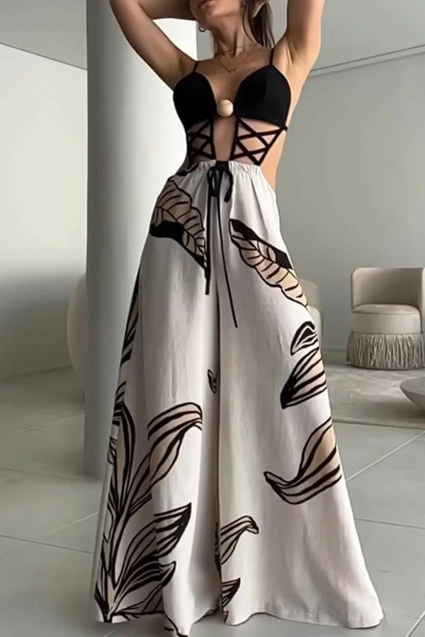 Tulum Dreaming Strap Cross Design Patchwork Printed Elastic Waist Backless Jumpsuit | Consonak