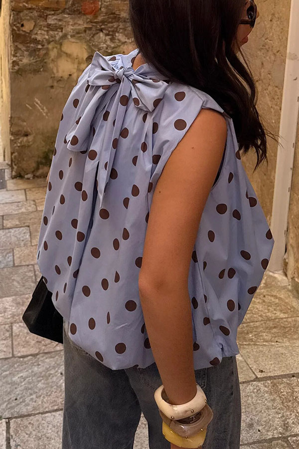 Kaiah Polka-Dot High Neck Back Slit Bow Tie-up Sleeveless Loose Top