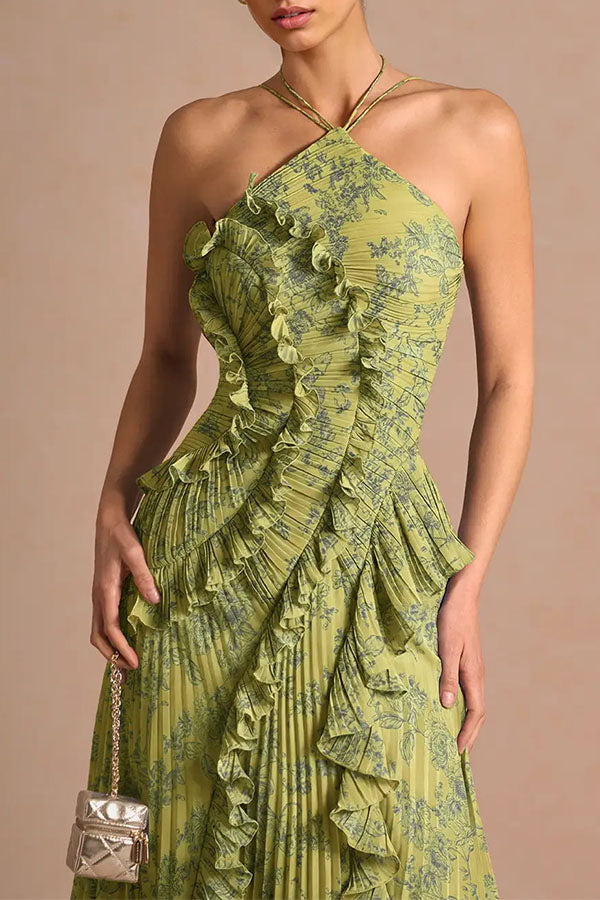 Dream Ode Lily Pad Style Pleats and Ruffles Halter Gown Maxi Dress-Consonak