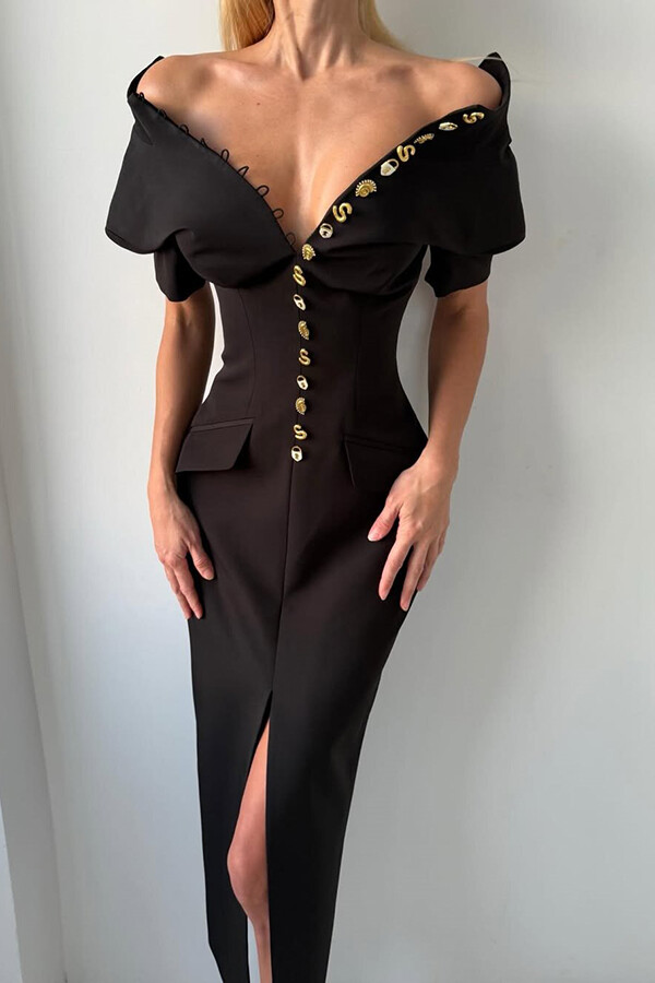 Kathy Unique Metal Pattern Buttons High Neck Short Sleeve Pencil Slit Midi Dress