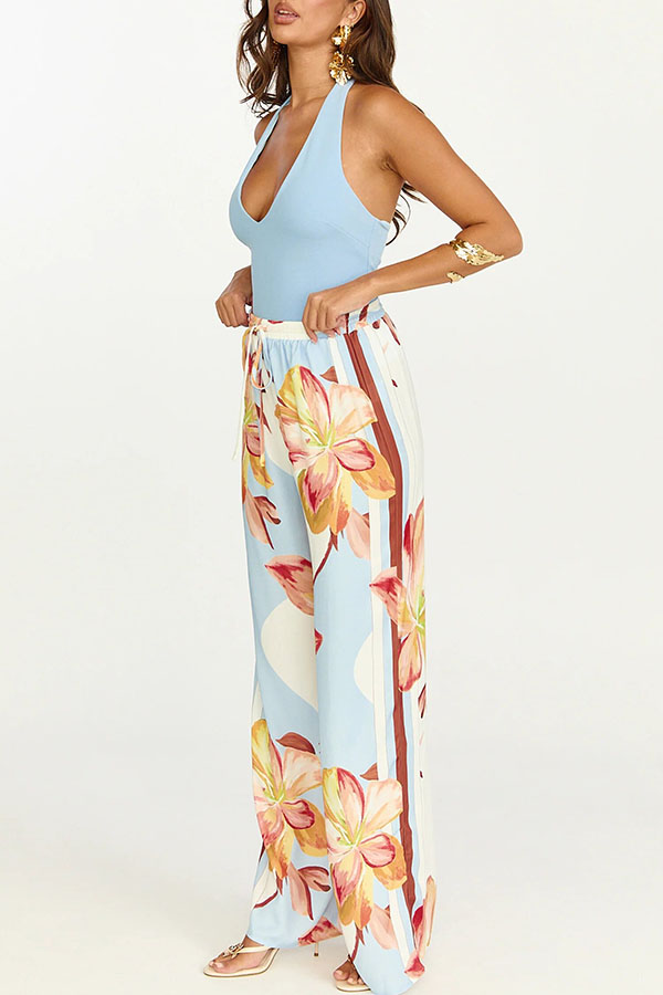 Shades of Cornflower Printed Bandeau Crop Scarf Top and Elastic Waist Pocket Wide Leg Pants Set