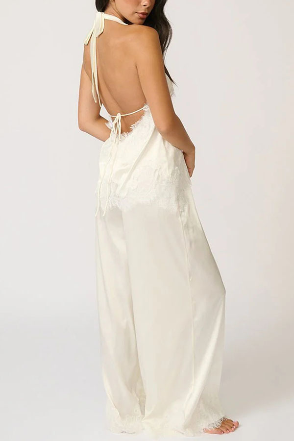 Elegant Morning Satin Lace Trim Halter Tie-up Tank and Elastic Waist Loose Pants Set-consonak