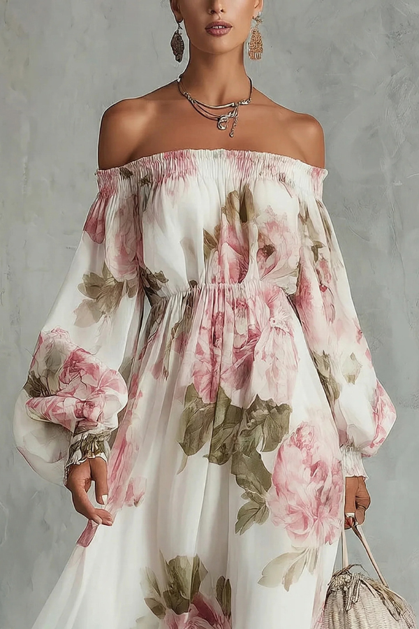 Floral Print Off-Shoulder Long-Sleeve Elastic Waist-Defining Maxi Dress