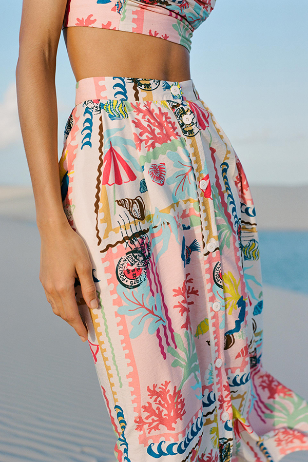 Multicolor Printed Sexy V Neck Halter Top and Midi Button-down Skirt Set-consonak