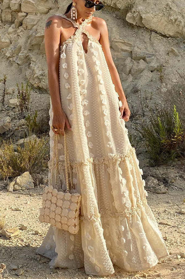 Sweet By The Sea Flower Decor Halter Party Maxi Dress-consonak