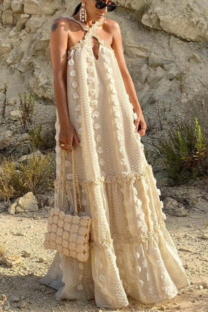 Sweet By The Sea Flower Decor Halter Party Maxi Dress-consonak