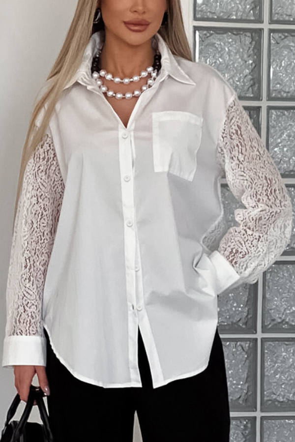 Fashionable Openwork Lace Patchwork Long-sleeved Loose Shirt