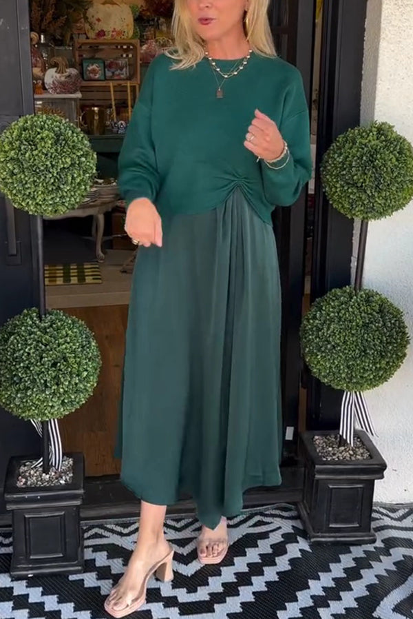 Practical Fashion Knit Ruched Sweater and Satin Stretch Tank Midi Dress Two-piece Set | Consonak