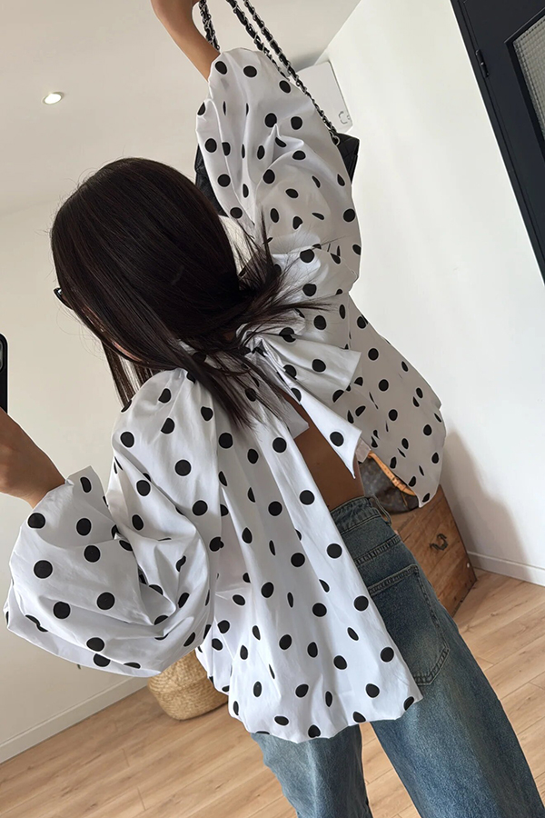 Issie Polka Dot Print Turtleneck Knotted Balloon Sleeve Back Slit Loose Blouse | Consonak
