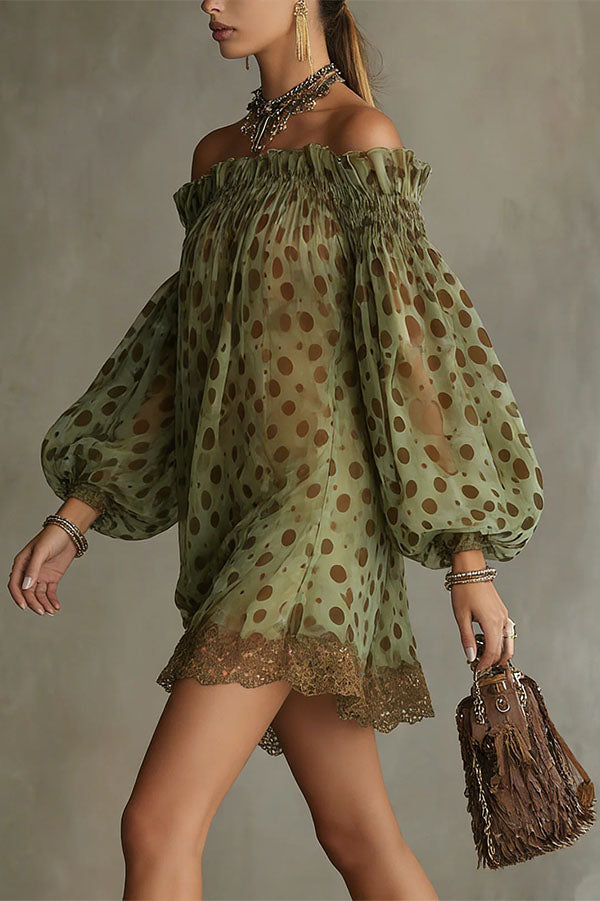 Ethereal Off-The-Shoulder Polka Dot Sheer Mini Dress-Consonak