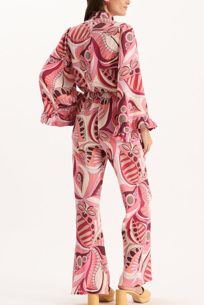Sarah Unique Print High Neck Ruffle Bell Sleeve Top and Elastic Waist Pocket Loose Pants Set-consonak