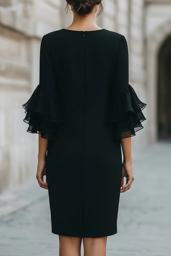 Solid Color Round Neck Ruffle Sleeve Elegant Mini Dress | Consonak