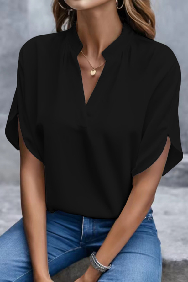 Solid Color V-neck Short-sleeved Casual Loose Shirt Top-consonak