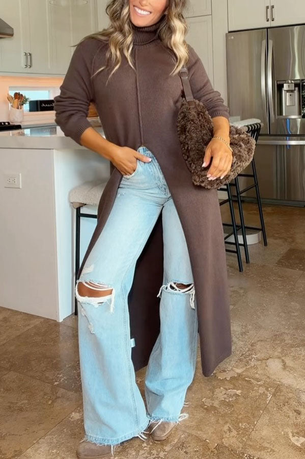 Maplewood Knit Turtleneck Long Sleeve Front Slit Full-length Sweater