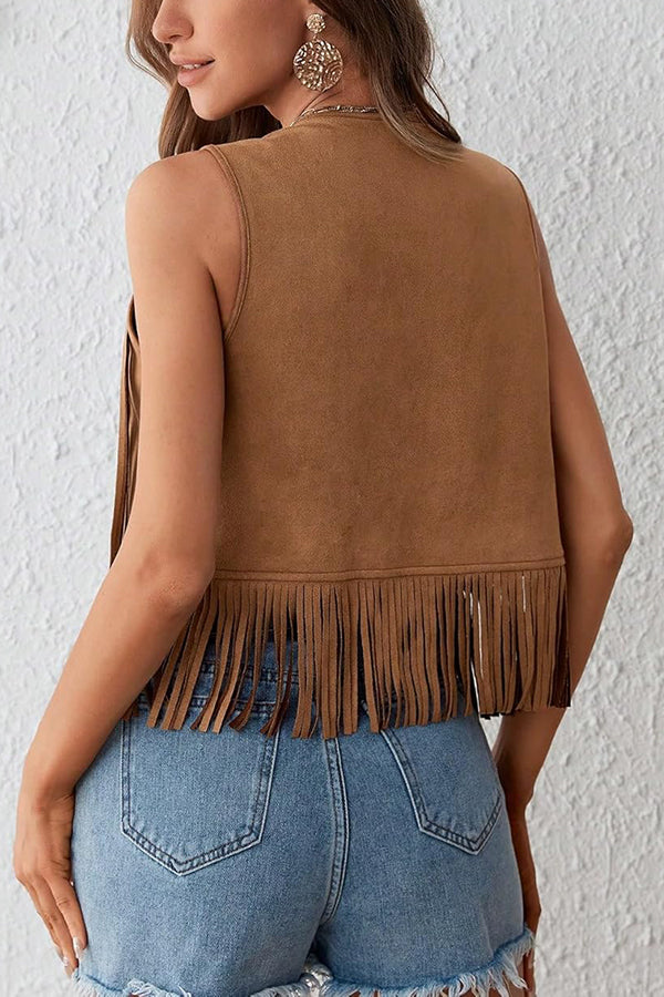 Stylish Suede V-neck Sleeveless Casual Studded Tassel Vest-consonak