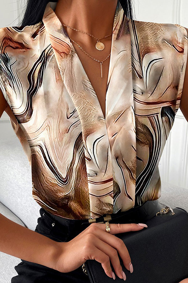 Marble / Abstract Print V-Neck Casual Top-consonak