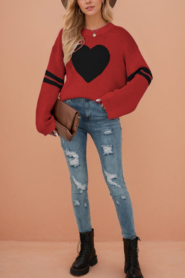 Fashionable Heart-shaped Jacquard Long-sleeved Loose Knit Sweater-consonak