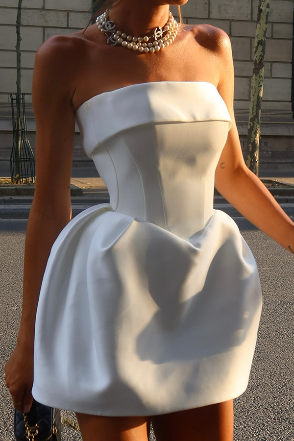 White Swan Lapel Off Shoulder Bubble Hem Mini Dress-consonak