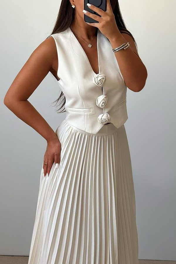 Stylish Rosette Sleeveless Tank Top and Pleated Maxi Skirt Set-consonak