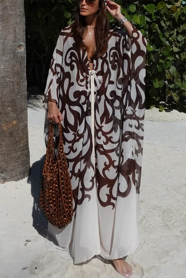 Summer Day Unique Print Rope Knotted Batwing Sleeve Oversized Cover-up