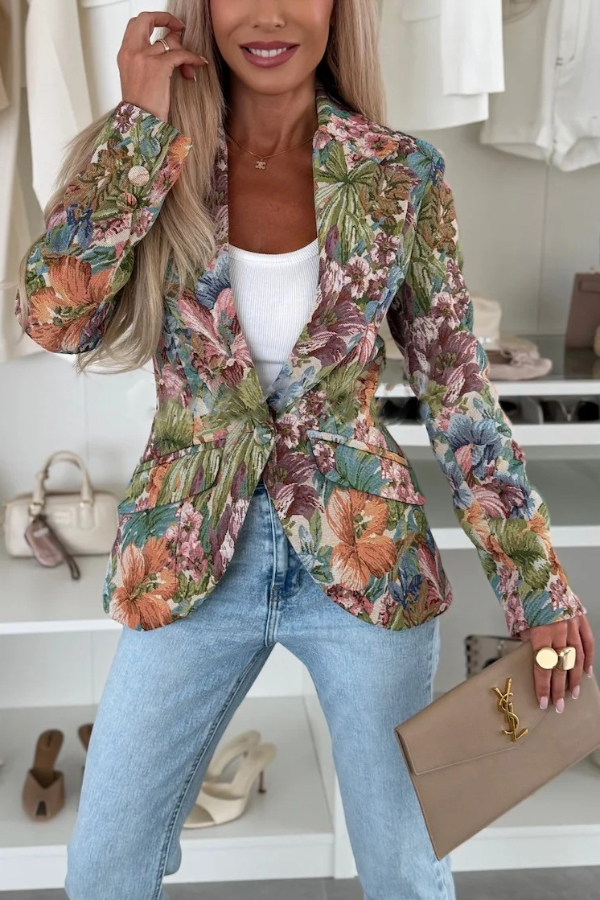 Sienna Unique Floral Print Lapel Long Sleeve Single Button Elegant Blazer