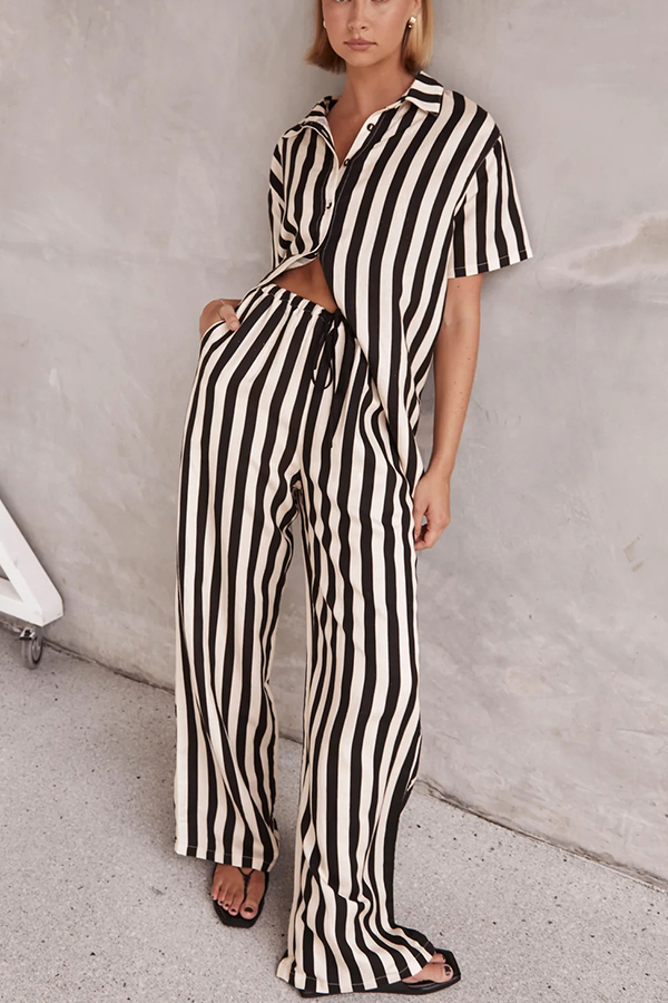 Erika Striped Casual Shirt and Elastic Waist Pocket Wide Leg Pants Set-consonak