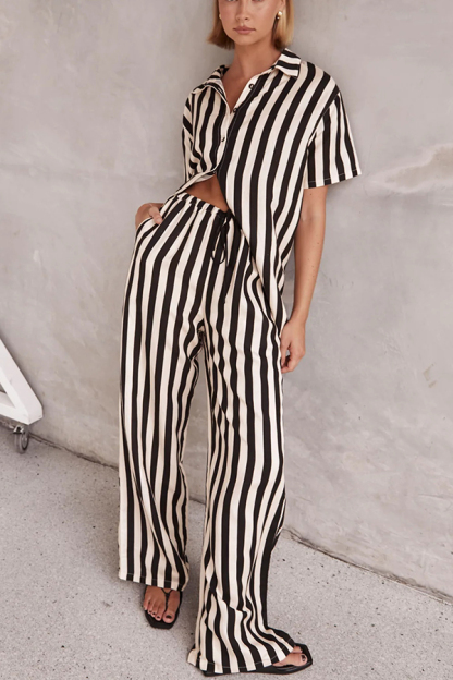 Erika Striped Casual Shirt and Elastic Waist Pocket Wide Leg Pants Set-consonak