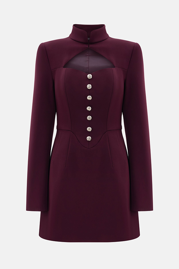 Elegant Long-sleeved Hollowed-out Button-down Slim-fit Mini Dress-consonak