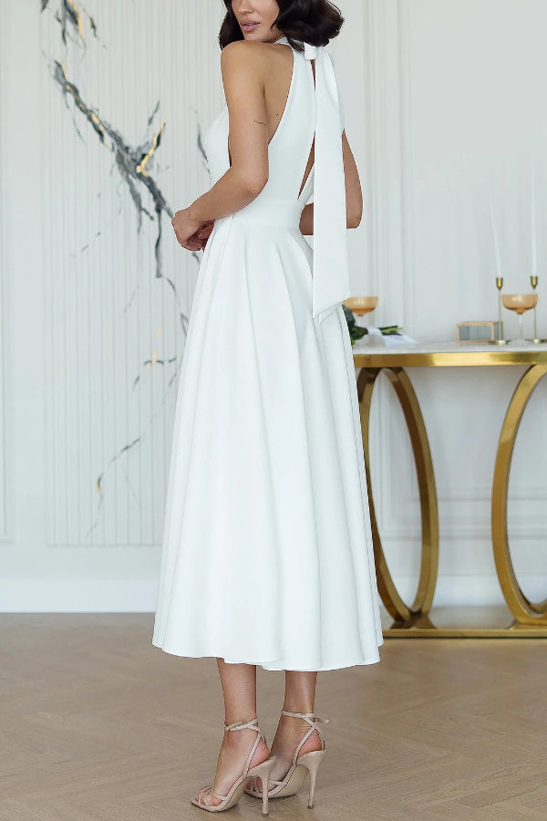 Solid Color Halter Neck Bow Tie Elegant Waist-cinching Midi Dress-consonak
