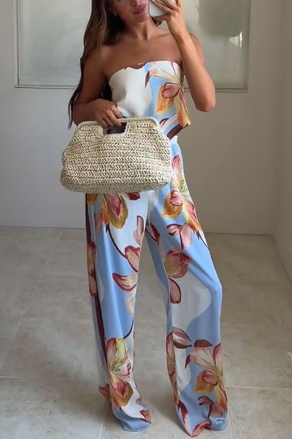 Shades of Cornflower Printed Bandeau Crop Scarf Top and Elastic Waist Pocket Wide Leg Pants Set