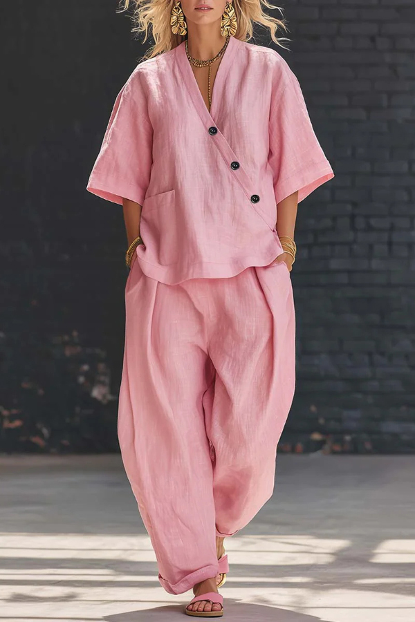 Linen Blend Solid Color V-neck Short-sleeved Loose Top and Elastic Waist Pocket Casual Pants Set-Consonak