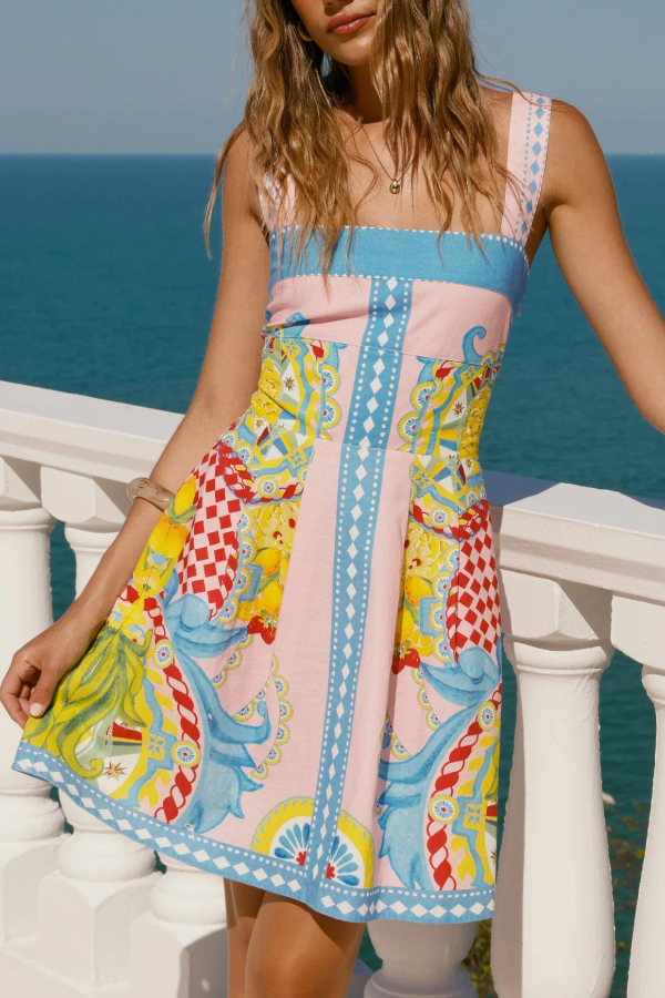 Unique Print Square Neck Sleeveless Casual Pocket Mini Dress-consonak