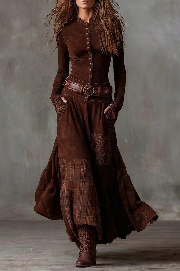 Retro-style Patchwork Single-breasted Long-sleeved Casual Pocket Maxi Dress | Consonak