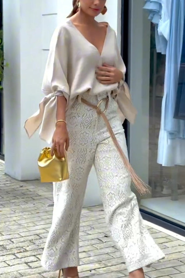 Joyful Bond Linen Blend V-neck Knotted Cuff Half Sleeve Loose Top-consonak