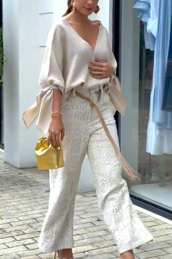 Joyful Bond Linen Blend V-neck Knotted Cuff Half Sleeve Loose Top-consonak