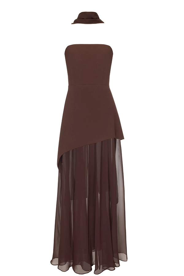 Monaco Off Shoulder Structured Top Chiffon Slit Hem Scarf Maxi Dress | Consonak