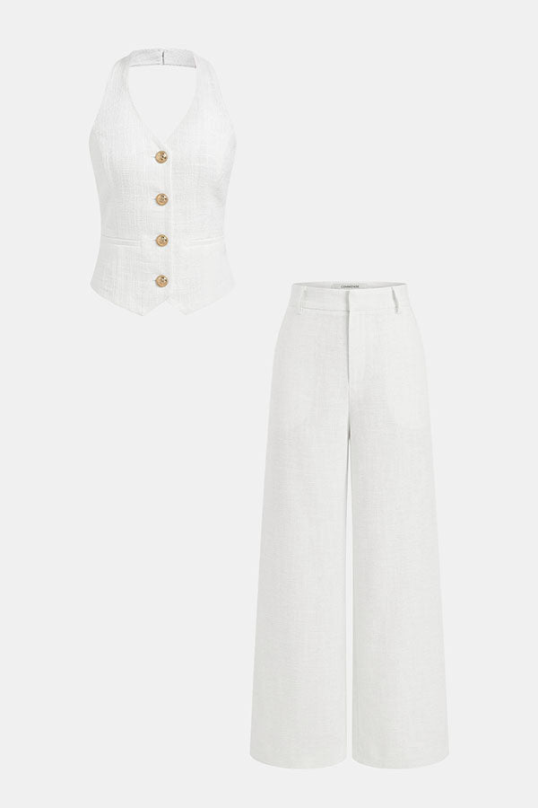 City Outfit Linen Blend Metal Button Halter Vest and Pocket Wide Leg Pants Set | Consonak