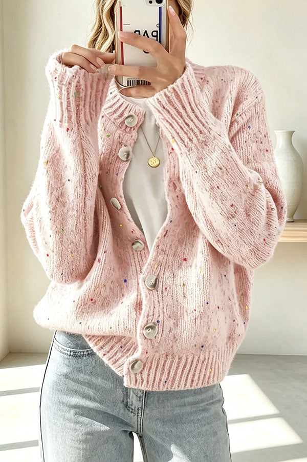 Atmospheric Mixed Color Knit Colorful Dots Button Up Long Sleeve Cardigan-Consonak