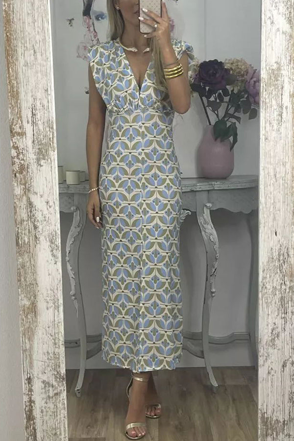 Forever Here Printed Padded Shoulder Front Center Slit Midi Dress-consonak