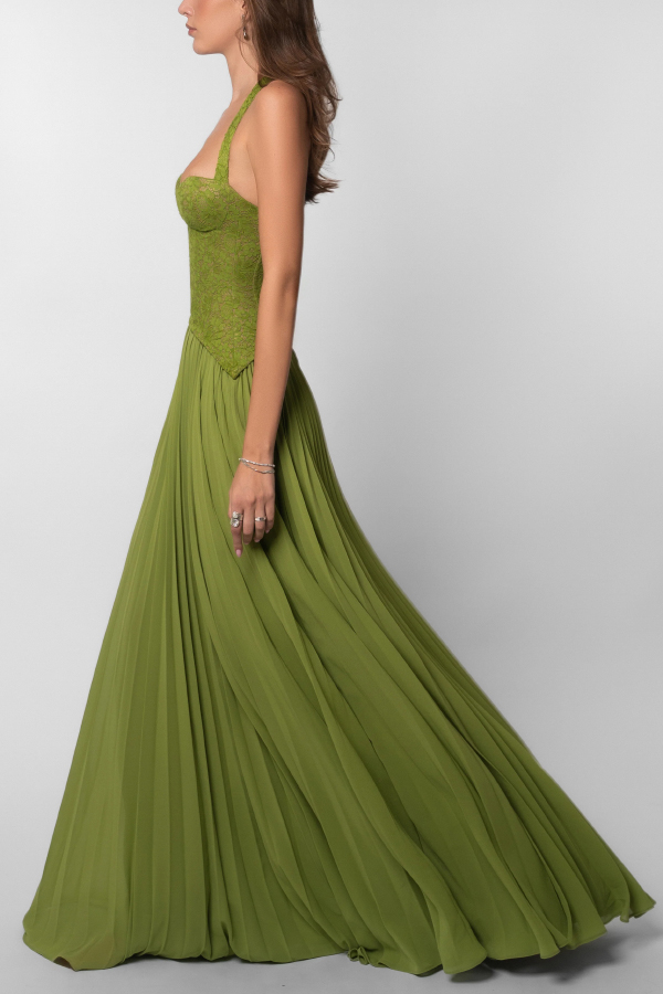 Elegant Lace Patchwork Halter Neck Tie Backless Pleated Maxi Dress-consonak