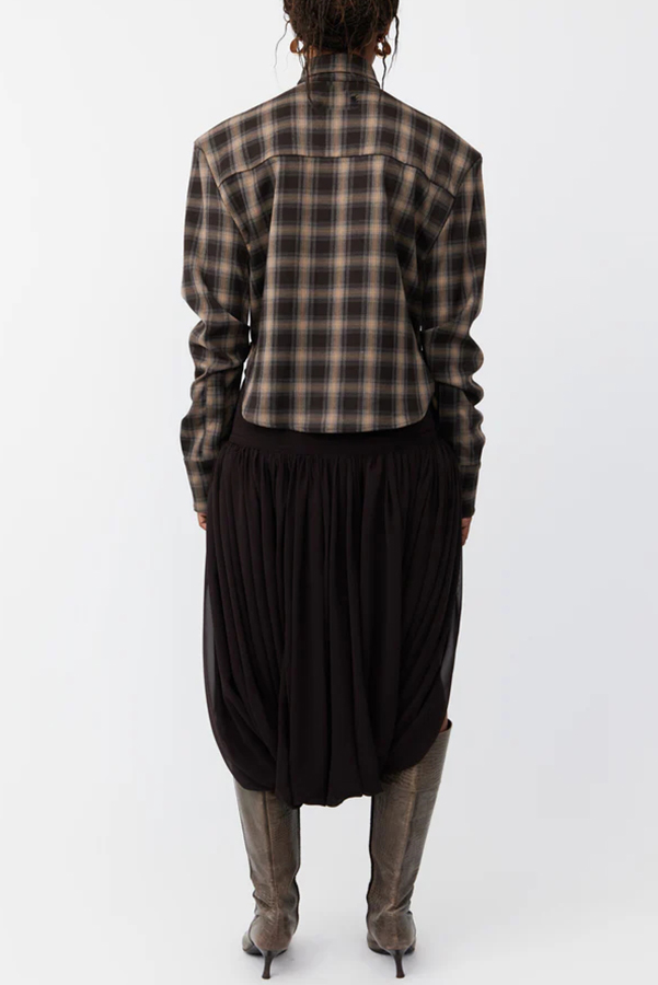 Vintage Plaid Shoulder Pad Buttons Long Sleeve Angled Hem Shirt-consonak